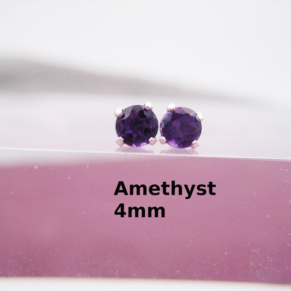 Amethyst-Ohrstecker, 4mm, dunkellila, natürlich, Geburtsstein Februar, gefasster Ohrschmuck, 925 Silber, zierlich