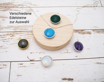 Silver necklace with set gemstone coin, rose quartz, gold-filled, onyx, moonstone, labradorite, 925 silver, minimalist, gemstone