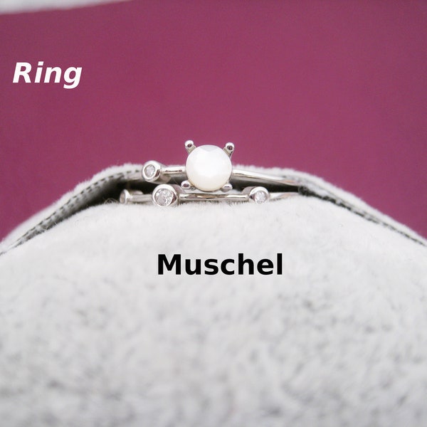 Muschel-Ring, Perlmutt, natürlich, Zirkonia, Fingerring, vergoldet, verstellbar, Stapelring, Ring zierlich, Geschenk für Sie