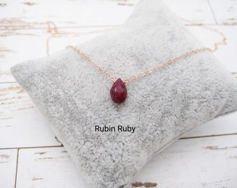 Sterling silver necklace with a natural ruby, drop size approx. 8 mm, also available in gold-filled and rose gold-filled versions.