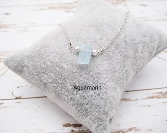 Aquamarine Necklace, Aquamarine Raw Stone, Pendant Rectangle, 925 Silver, Gold Filled, Rose Gold Filled, Birthstone March