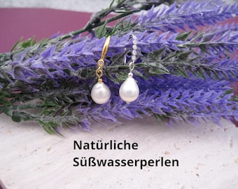 Pearl earrings with natural freshwater pearls, white drop pearls with sterling silver ear hooks