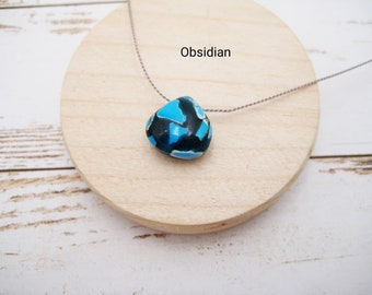 Silk necklace with obsidian, obsidian black blue, pendant heart, dainty, minimalist, gemstone necklace