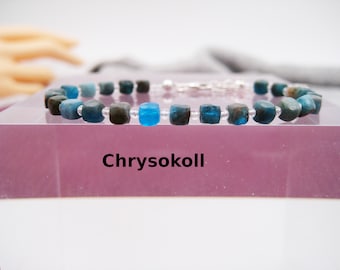 Chrysocolla Rock Crystal Bracelet, Cube, Brown, Green, Blue, Natural, Rose Gold, Sterling Silver, Gift for You, Stack bracelet