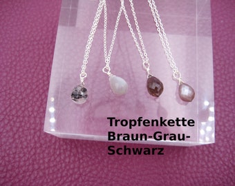 Tropfen-Kette Braun-Grau-Schwarz, Rauchquarz, Mondstein, Rutilquarz, 925 Silber, Gold Filled, Rosegold Filled, minimalistisch, Edelstein