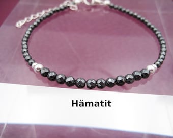 Hämatit-Armband, 3mm, natürlich, schwarz, Rosegold, Sterling Silber, Sternzeichen Fische, Edelstein-Armband, Geschenk für Sie, Stapelarmband