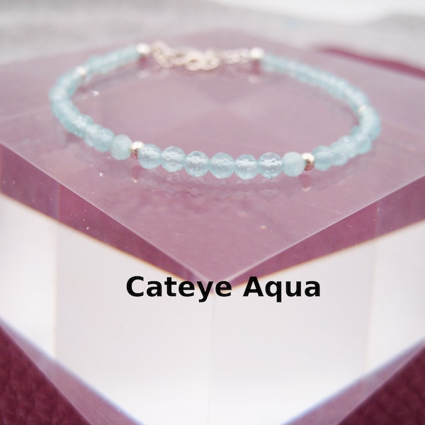 Cateye-Armband, 3mm, türkis, Katzenauge, aqua, Glas, natürlich, Sterling Silber, Edelstein-Armband, Geschenk für Sie, Stapelarmband