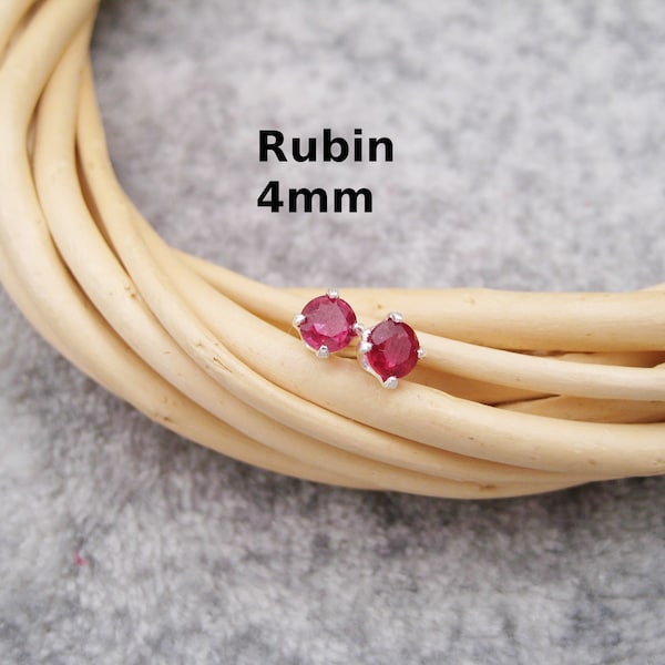 Rubin-Ohrstecker, rosa, rot, Geburtssstein Juli, 4mm, natürlich, gefasster Ohrschmuck, 925 Silber, zierlich, minimalistisch