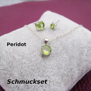 Peridot jewelry set, solitaire, natural, birthstone August, earrings, round pendant, 925 silver, gold-plated, bridal jewelry, wedding