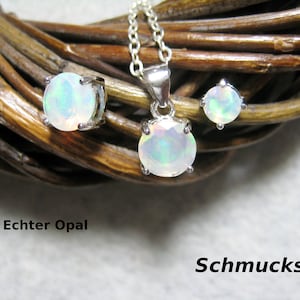 Opal jewelry set, solitaire, natural opal, Ethiopia, ear studs, round pendant, 925 silver, gold-plated, October birthstone