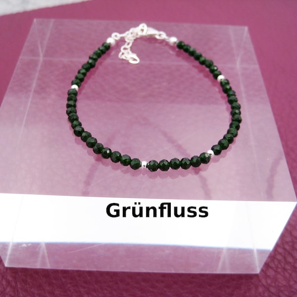 Grünfluss-Armband, 3mm, dunkelgrün, glitzernd, Glas, natürlich, Sterling Silber, Edelstein-Armband, Geschenk für Sie, Stapelarmband