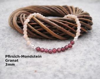 Moonstone Garnet Bracelet, Peach Moonstone, January Birthstone, Sterling Silver, Gemstone Bracelet, Gift for Her, Stacking Bracelet