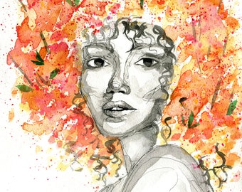 Original Painting "Flower Fro" - Abstract Portrait Afro Woman Celebrating Natural Beauty Botanical Painting Art Illustration Watercolour