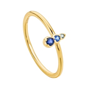 Puede incluir: Un anillo de oro con tres piedras preciosas azules engastadas en fila en la banda.