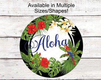 Welcome Wreath Sign - Parrot Sign - Aloha Sign - Tropical Sign - Hawaiian Sign - Hello Sign - Everyday Sign - Metal Wreath Sign