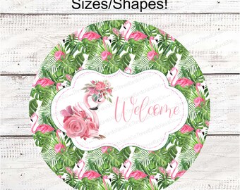 Welcome Wreath Sign - Flamingo Welcome Sign - Flamingo Wreath Signs - Flamingo Sign - Tropical Sign - Beach Wreath Signs