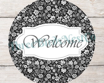 Welcome Wreath Sign, Monotone Black and White, Floral Decor- SS702