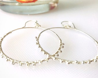 Beaded hoop earrings, sterling silver earrings, large hoops, handmade earrings, valentines gift for girlfriend.