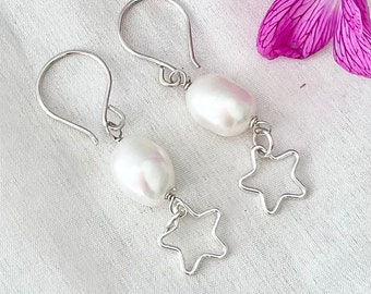 Pearl drop earrings silver, dangle earrings, charm earrings, fresh water pearls, baroque pearl earrings, star charm earrings.