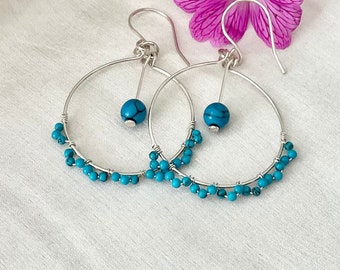 Beaded hoop earrings silver, turquoise earrings, gemstone earrings, sterling silver hoop earrings, handmade earrings.