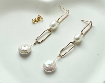 Pearl earrings gold, modern pearl earrings, bridal pearl earrings, 14k gold filled earrings, dangle pearl earrings, freshwater pearls.