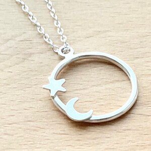 Moon and star necklace, circle necklace, karma necklace, astronomy necklace, sterling silver, space pendant, birthday gift for girlfriend.