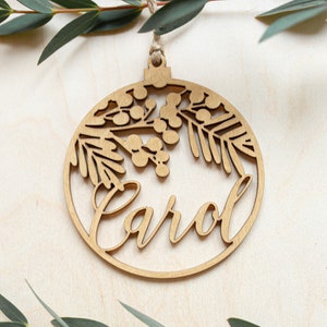 Personalized Christmas tree ornament with rowan branches | Custom name wood decoration