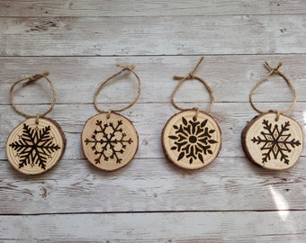 Snowflake Ornaments, Wood Slice Ornaments, Wood Burned Ornaments, Wood Burned Snowflakes, Set of 4 Ornaments, Christmas Gift Ideas