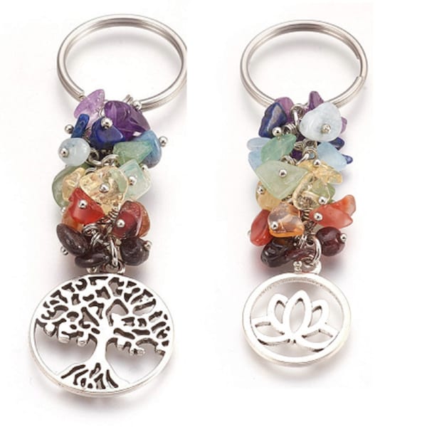 Yoga Chakra Tree of Life Natural Gemstones Keychain With Strong Keyring Attached.Budget Gift