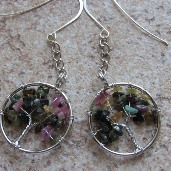 Watermelon Tourmaline Tree of Life Dangle/Drop Earrings. Length  3". Great   gift