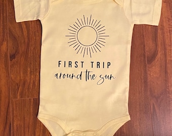 Yellow First Trip Around the Sun-One Year Old Birthday Celebration-baby bodysuit