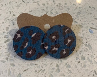 Blue leopard cork on leather button style stud earrings