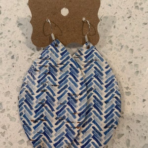 Blue chevron leather leaf earrings