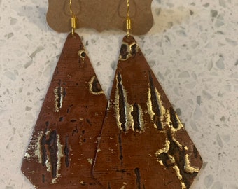 Copper driftwood diamond leather earrings
