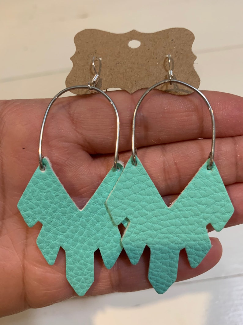 Aqua faux leather feather hoop earrings