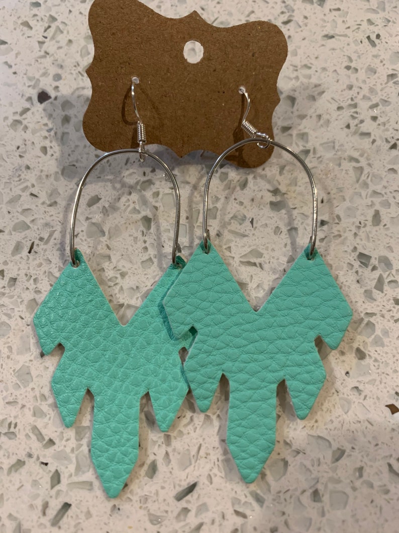 Aqua faux leather feather hoop earrings