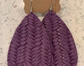 Purple braided leather teardrop earrings