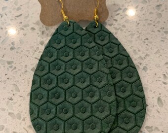 Pine green beehive leather teardrop earrings