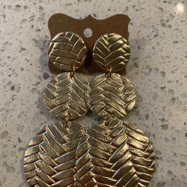 Gold braided faux leather triple drop stud earrings