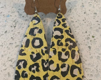 Neon yellow leopard wedge cork on leather earrings