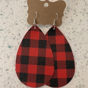 Red and black buffalo plaid faux leather teardrop earrings