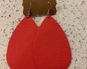 Coral leather teardrop earrings