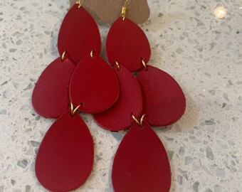 Red leather chandelier earrings