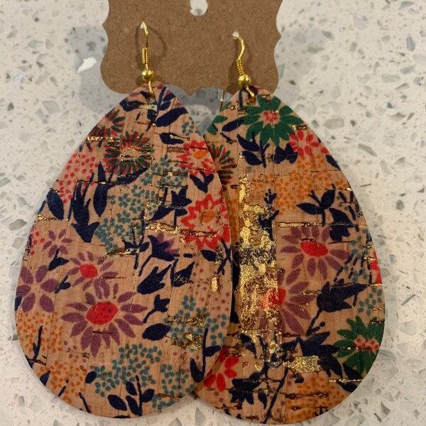 Vintage floral cork on leather teardrop earrings