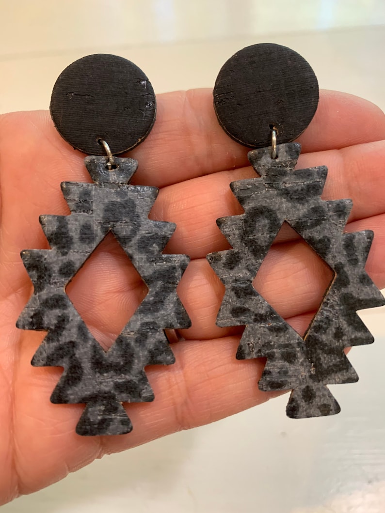 Black and gray leopard cork on leather Aztec tribal with a black cork on leather stud earring