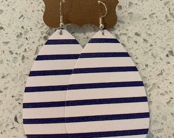 Blue and white striped  leather teardrop earrings