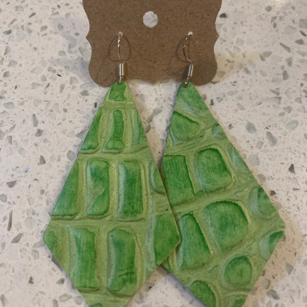 Sour apple green embossed alligator/croc diamond leather earrings