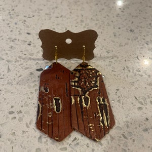 Copper driftwood leather tassel earrings