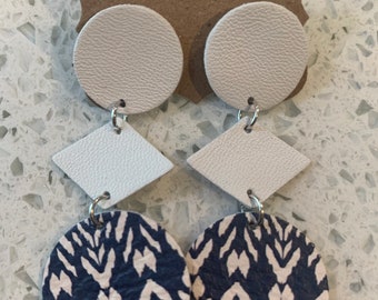 Blue and white shibori triple drop stud earrings