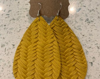 Mustard yeallow braided leather teardrop earrings
